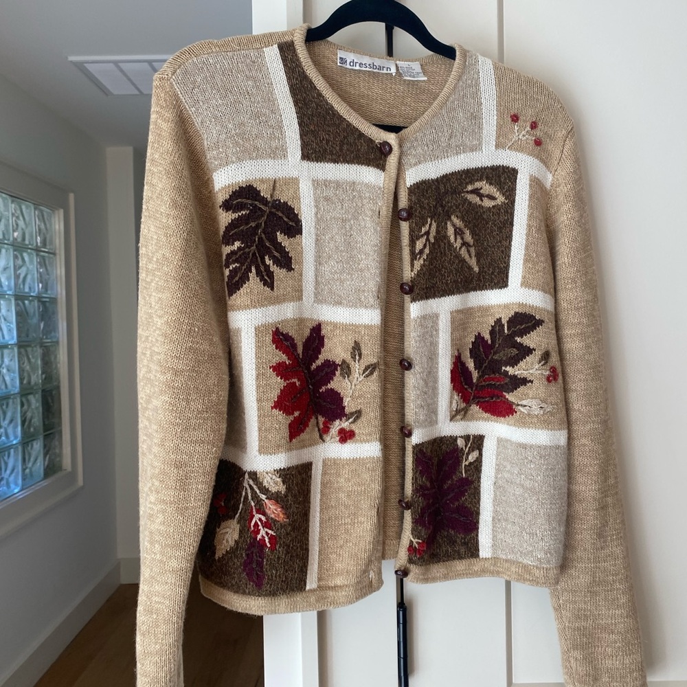 Vintage 90s Dressbarn Fall Leaf Cardigan Sweater L Ramie Cotton Autumn Cottageco